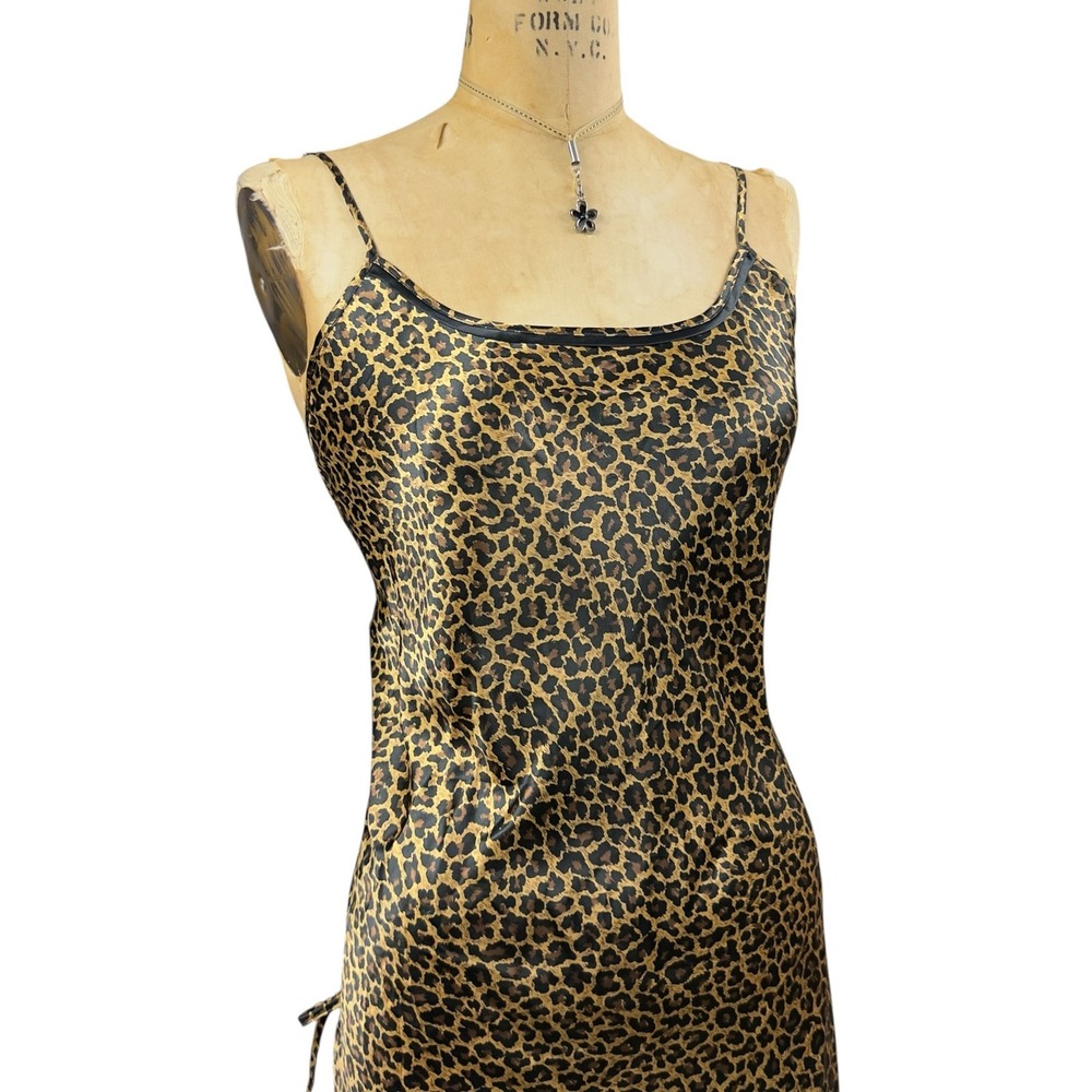 Y2K Leopard Slip Mini Dress Size L Ribbon Ties Hem 2000s Mcbling Indie Coquette - Picture 4 of 8